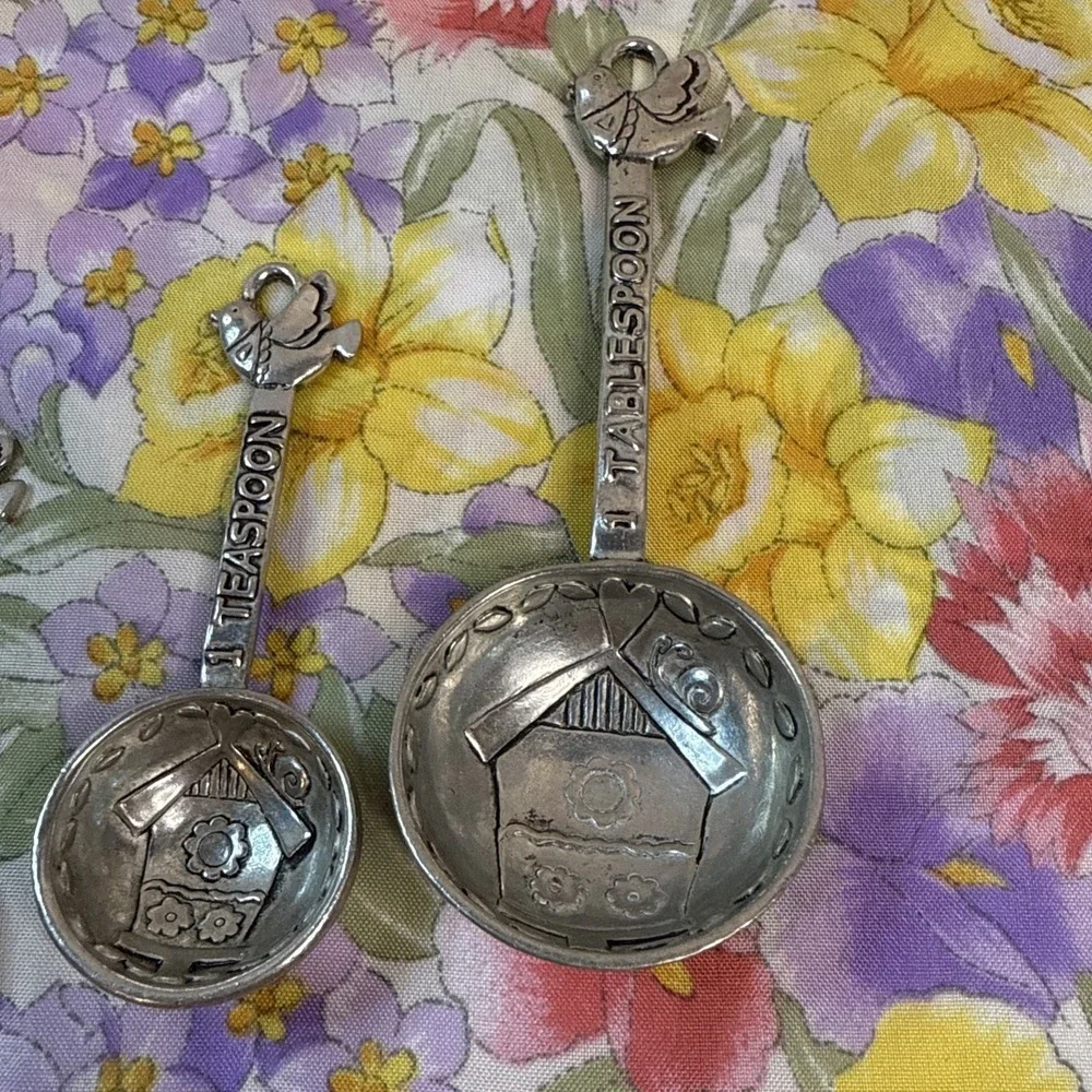 Vintage Birdhouse Pewter‎ Measuring Spoons Set of 3 Birds Kitchen Decor